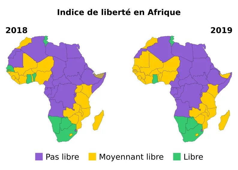 Cartographie comparative de l'indice de liberté en Afrique en 2018 et 2019