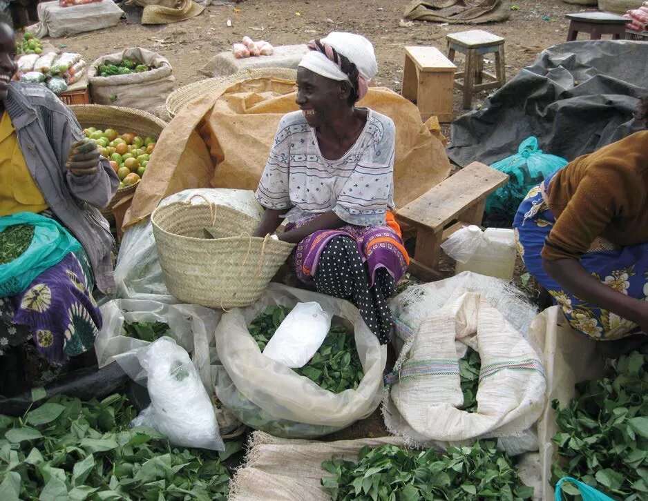 enyan saleswoman selling African Leafy Vegetables in a local market in Tunyai village in Kenya.